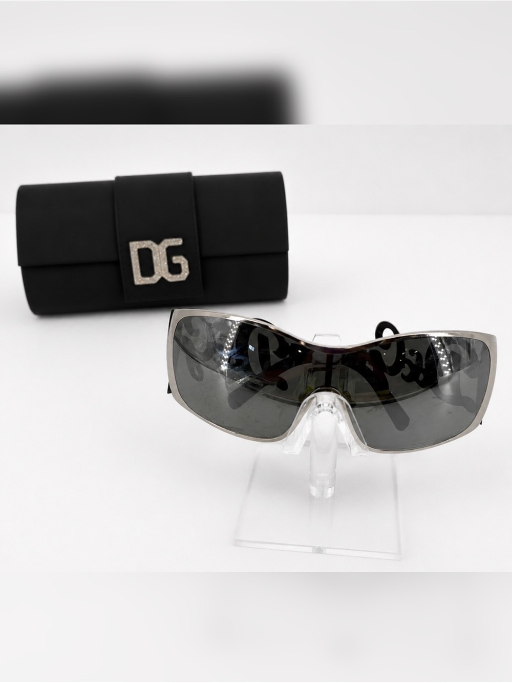 Y2K Dolce & Gabbana Silver Logo Side Shield Sunglasses - Silver/Black - Picture 3 of 5